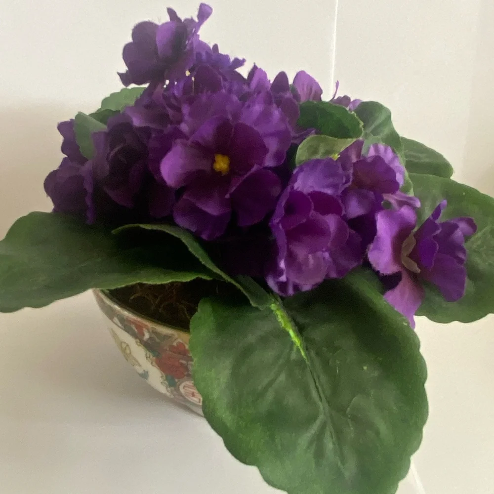 Artificial Purple African Violet in Hand Painted Ceramic Oriental Design Planter